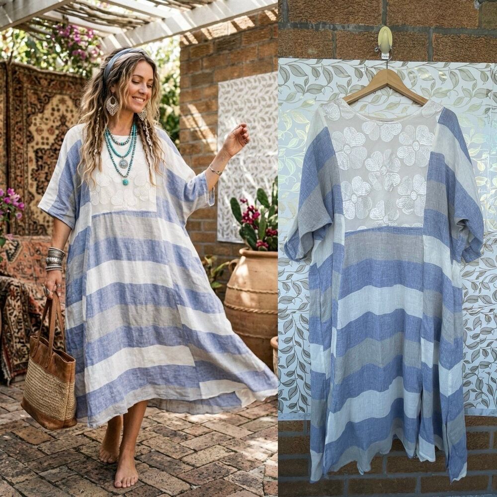 Mastro Moda Italy Linen Floral Lace Stripe Kaftan Dress Slit Pocket Coastal OS